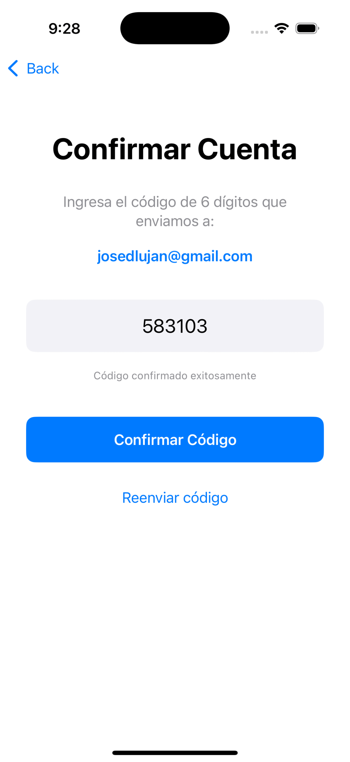 Confirmation screen on iOS simulator